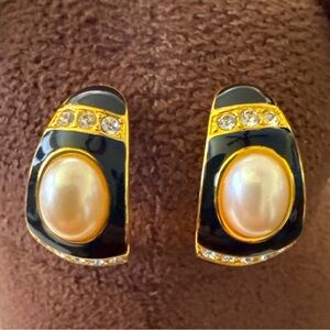 Joan Rivers Gold Tone Faux Pearl Rhinestones Black Resin Enamel Stud Earrings